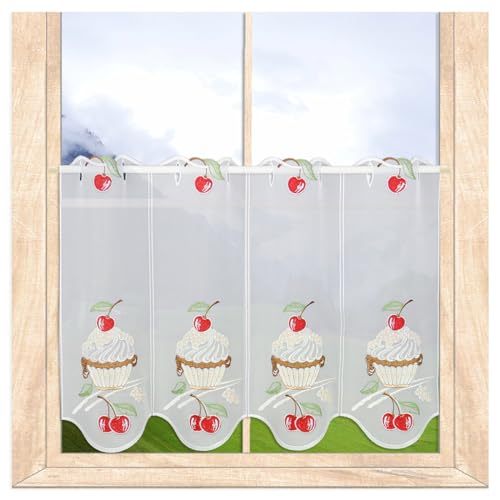 atelier alles-Spitze Bestickte Küchen-Scheibengardine Kirsch-Cupcake | Fruchtiger Scheibenhänger mit Muffins und Kirschen in weiß-rot-grün | Höhe x Breite: 40 x 112 cm von atelier alles-Spitze