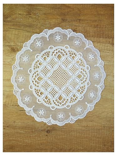 atelier alles-Spitze Cremeweiße Tüll-Spitzendecken Daria | Hochwertige Tischwäsche aus Vogtländische Luft-Spitze und zart besticktem Tüll | Größe: 25 cm rund von atelier alles-Spitze