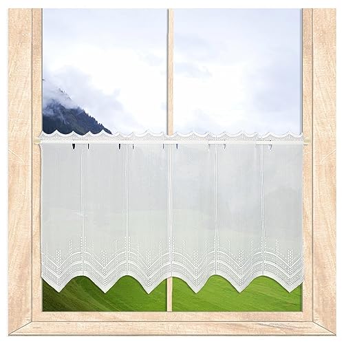 Dezent bestickte Scheibengardine Paula mit Perlenschnur-Stickerei in weiß aus Plauener Spitze in 3 Höhen (Höhe x Breite: 55 x 128 cm) von atelier alles-Spitze