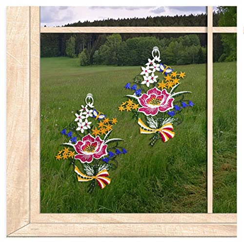 Fensterbilder Kleiner Blumenstrauß als 2er Set | Hochwertige Fensterdekoration aus Farbiger Luftspitze | Bestens für Kleiner Fenster geeignet | Größe: je 13 x 18 cm Fensterbilder Kleiner Blumenstrauß als 2er Set | Hochwertige Fensterdekoration aus Farbiger Luftspitze | Bestens für Kleiner Fenster geeignet | Größe: je 13 x 18 cm von atelier alles-Spitze