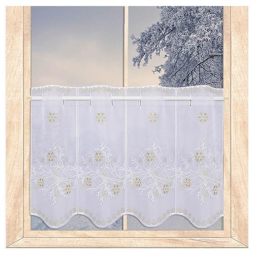 atelier alles-Spitze Hochwertige Scheibengardine Goldener Winterzweig | Winter- und Weihnachts-Scheibenhänger mit Vogtländischer Stickerei in Weiß und Gold | Höhe x Breite 35 x 112 cm von atelier alles-Spitze