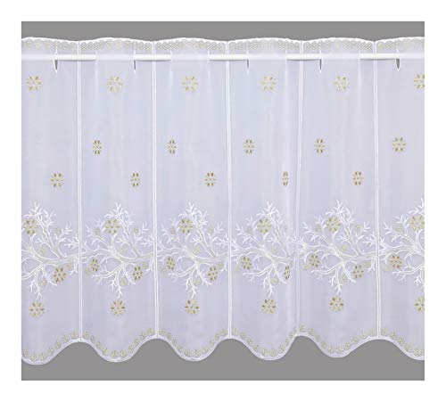 Hochwertig bestickte Scheibengardine Goldener Winterzweig Plauener Spitze Winter- und Weihnachts-Scheibenhänger in 2 Höhen (Höhe x Breite 55 x 112 cm) von atelier alles-Spitze