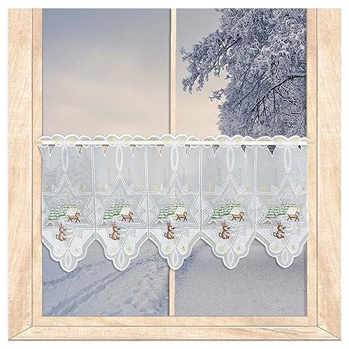atelier alles-Spitze Hochwertige Winter-Scheibengardine Futterkrippe mit Hase | Halbtransparenter Kurzstore mit Vogtländischer Stickerei in weiß, braun, grün und Gold | Höhe x Breite 35 x 112 cm von atelier alles-Spitze