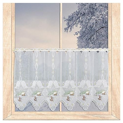 atelier alles-Spitze Hochwertige Winter-Scheibengardine Futterkrippe mit Hase | Halbtransparenter Kurzstore mit Vogtländischer Stickerei in weiß, braun, grün und Gold | Höhe x Breite 55 x 96 cm von atelier alles-Spitze