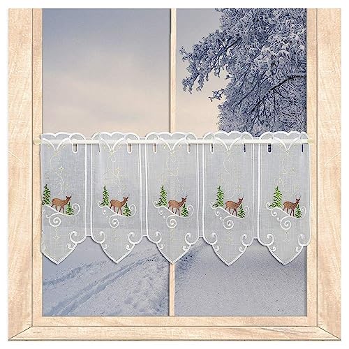 atelier alles-Spitze Stickerei-Scheibengardine Winterhirsch | Hochwertige Kurzgardine, Bestickt mit winterlichem Waldmotiv in Weiß, Gold, Braun und Grün | Höhe x Breite: 30 x 64 cm von atelier alles-Spitze