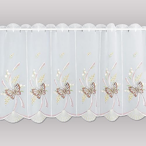Hochwertige Stickerei-Scheibengardine Schmetterlinge in Terra aus Echte Plauener Spitze in edel-klassischem Design 55 x 192 cm von atelier alles-Spitze