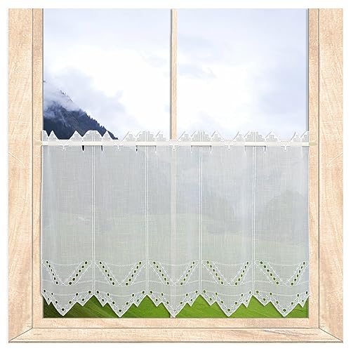 atelier alles-Spitze Weiße Scheibengardine Helena mit Zeitloser Bohrstickerei | halbtransparente Bistrogardine, perfekt für jedes Zuhause | Höhe x Breite: 45 x 96 cm von atelier alles-Spitze