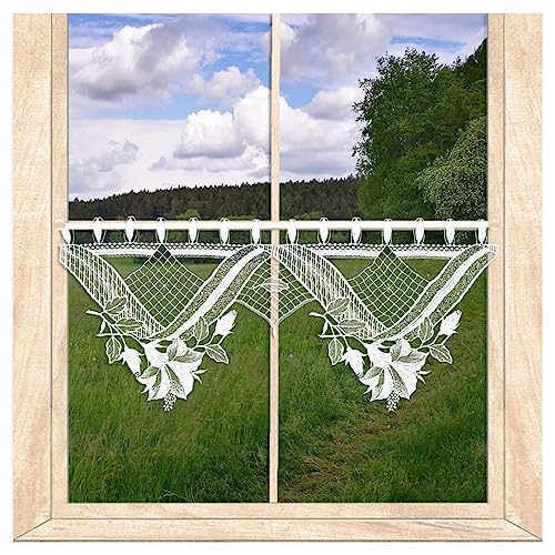 atelier alles-Spitze Hochwertiger weißer Spitzen-Scheibenhänger Amy | Luftspitze-Scheibengardine mit elegantem Blütenmotiv | Höhe x Breite: 27 x 64 cm von atelier alles-Spitze
