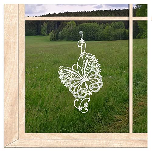 atelier alles-Spitze Hochwertiges Fensterbild Butterfly | Zart gestickte Fensterdekoration aus Vogtländischer Spitze | Wiederverwendbarer Fensterschmuck | HxB: 28 x 15 cm von atelier alles-Spitze