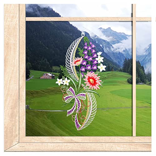 atelier alles-Spitze Luftspitze Fensterbild Gerbera mit Fingerhut in lila | Wiederverwendbarer Fensterschmuck aus farbiger Vogtländischer Spitze | HxB: 37 x 19 cm von atelier alles-Spitze