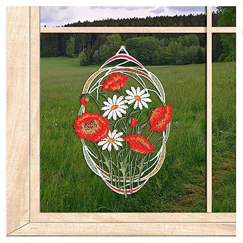 Hochwertiges Fensterbild Margeriten und Mohnblumen gestickte Fensterdekoration Echte Plauener Spitze 32 x 21 cm von atelier alles-Spitze