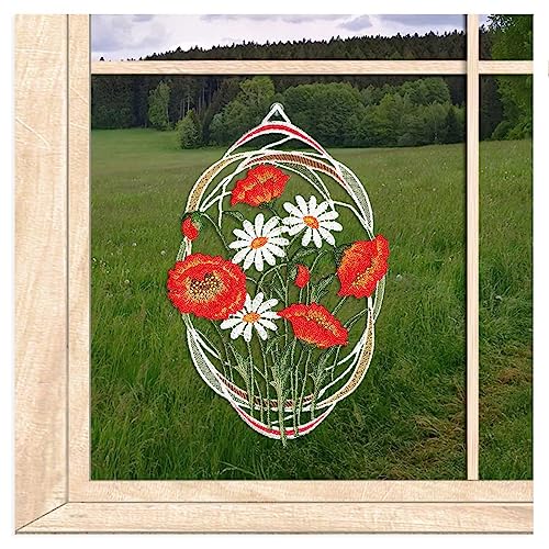 atelier allles-Spitze Hochwertiges Fensterbild Margeriten und Mohnblumen im Oval | Wiederverwendbare Fensterdekoration aus Vogtländischer Luft-Spitze | HxB: 32 x 21 cm von atelier alles-Spitze