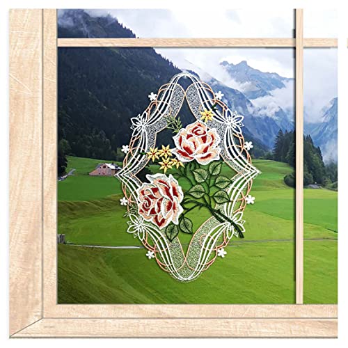 Hochwertiges Fensterbild Rosen-Zweig gestickte Fensterdekoration aus echter Plauener Spitze 30 x 22 cm von atelier alles-Spitze