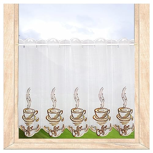 Küchen-Kaffee-Gardine Coffee Kurzstore mit Kaffee-Motiv Bestickt Plauener Spitze in Braun-Weiß 55 x 80 cm von atelier alles-Spitze