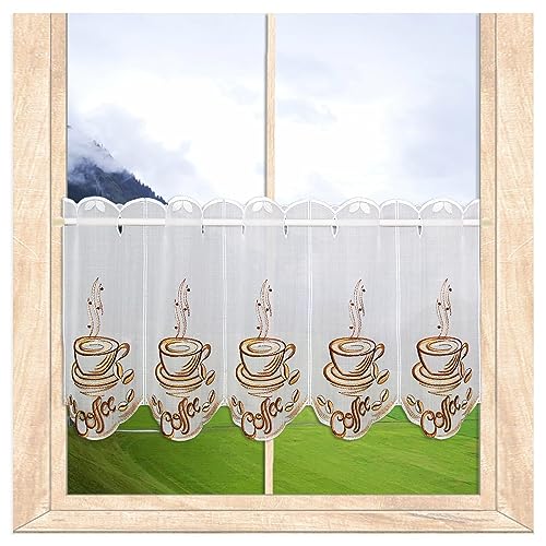 Küchen-Kaffee-Gardine Coffee Kurzstore mit Kaffee-Motiv Bestickt Plauener Spitze in Braun-Weiß 35 x 80 cm von atelier alles-Spitze