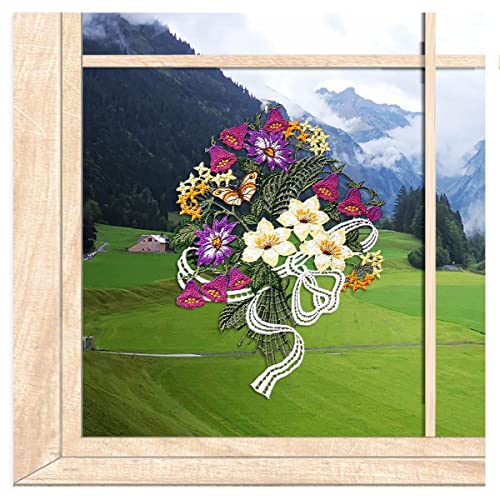 Bezauberndes Fensterbild Blütenstrauß in lila | Hochwertige Fensterdekoration aus Luftpitze | Setzt besondere Akzente in Ihre Fenster | BxH: 22 x 29 cm von atelier alles-Spitze