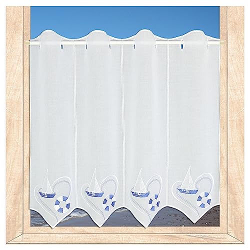 atelier alles-Spitze Maritim bestickte Scheibengardine Ocean | Blickdichte Badgardine in blau-weiß | Urlaubsfeeling mit Segelbooten | Höhe x Breite: 55 x 112 cm von atelier alles-Spitze
