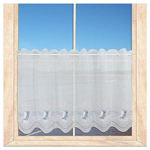 Maritime Scheibengardine AM Meer bestickter Scheibenhänger/Badgardine aus Echter Plauener Spitze blau-weiß 55 x 176 cm von atelier alles-Spitze