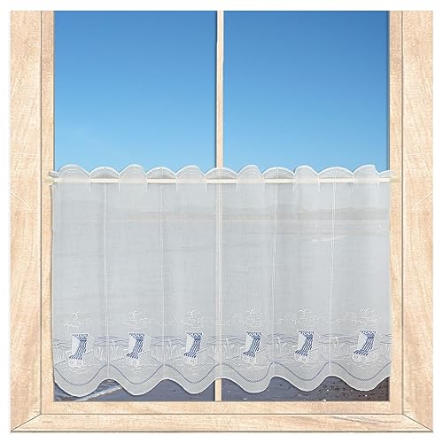 Maritime Scheibengardine AM Meer bestickter Scheibenhänger/Badgardine aus Echter Plauener Spitze 45 x 160 cm Plauener Spitze blau-weiß von atelier alles-Spitze