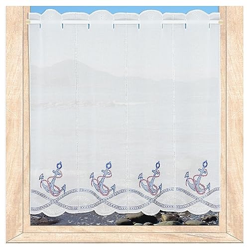 Maritime Scheibengardine Anker bestickter Scheibenhänger Badgardine aus Echter Plauener Spitze blau-weiß-rot, Höhe x Breite 55 x 144 cm von atelier alles-Spitze