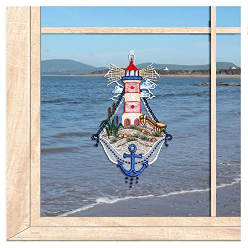 atelier alles-Spitze Maritimes Fensterbild Leuchtturm | Eine wiederverwendbare Fensterdekoration aus hochwertiger Vogtländischer Luft-Spitze | HxB: 33 x 20 cm von atelier alles-Spitze