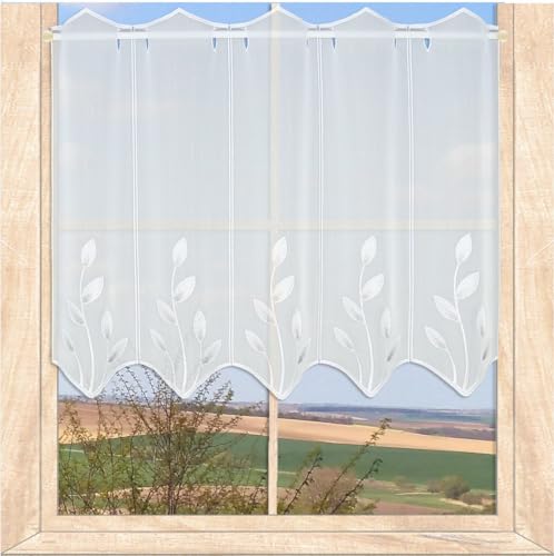 Moderne Scheibengardine Alexis | Halbtransparentes Panneaux mit Blätterranken-Stickerei in weiß, hell-und dunkelgrau | Höhe x Breite: 55 x 80 cm von atelier alles-Spitze