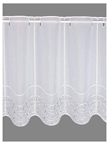 Modern bestickte Scheibengardine Harmonie weiß-Taupe Perlenschnurmuster aus Plauener Spitze 55 x 80 cm von atelier alles-Spitze