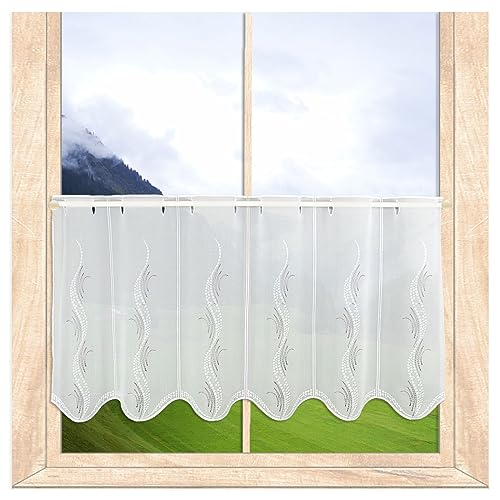 Modern bestickte Scheibengardine Luna – Panneau mit Echter Plauener Spitze weiß-Taupe 45 x 80 cm von atelier alles-Spitze