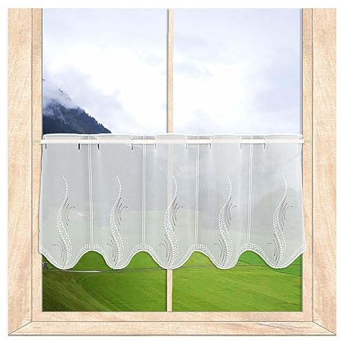 Modern bestickte Scheibengardine Luna – Panneau mit Echter Plauener Spitze weiß-Taupe 30 x 80 cm von atelier alles-Spitze