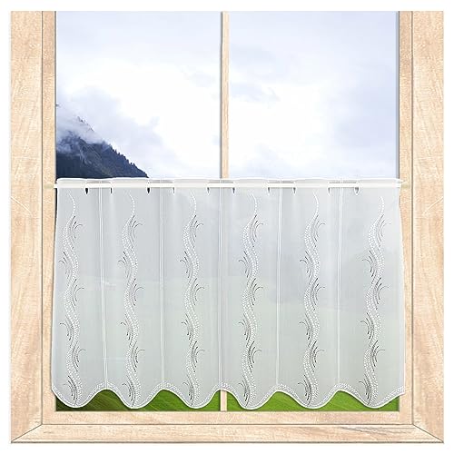 Modern bestickte Scheibengardine Luna – Panneau mit Echter Plauener Spitze weiß-Taupe 55 x 112 cm von atelier alles-Spitze