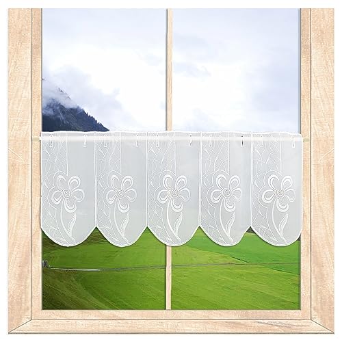atelier alles-Spitze Halbtransparente Moderne Scheibengardine Flower | Attraktiver Kurzstore mit feiner Blumen-Stickerei in weiß und rosé | Höhe x Breite: 30 x 80 cm von atelier alles-Spitze