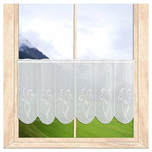 Moderne Blütenträume – Scheibengardine Flower feine Blumen-Stickerei aus Echter Plauener Spitze Pannaux in 3 Höhen (Höhe x Breite: 45 x 160 cm) von atelier alles-Spitze