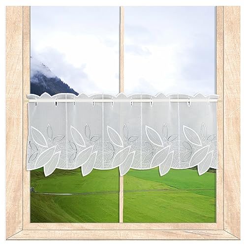 atelier alles-Spitze Stickerei-Scheibengardine Darlen | Modern bestickte Scheibengardine mit Blättermotiven in weißen und sibergrau | Höhe x Breite: 30 x 96 cm von atelier alles-Spitze