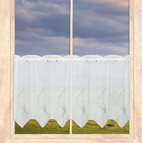 atelier alles-Spitze Halbtransparente Scheibengardine Samara |Moderner Kurzstore mit Wellen-Stickerei in weiß, hell- und dunkelgrau | Höhe x Breite 45 x 112 cm von atelier alles-Spitze