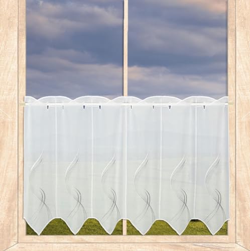 atelier alles-Spitze Halbtransparente Scheibengardine Samara |Moderner Kurzstore mit Wellen-Stickerei in weiß, hell- und dunkelgrau | Höhe x Breite 55 x 176 cm von atelier alles-Spitze
