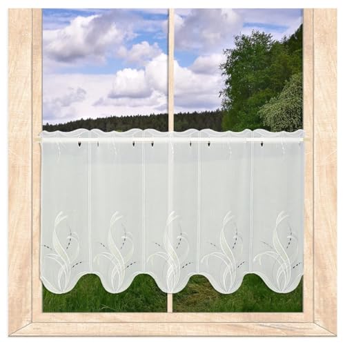 Moderne Scheibengardine Sancia mit Ranken-Stickerei aus Plauener Spitze weiß-gelb-dunkelgrau in 3 Höhen (Höhe x Breite: 45 x 96 cm) von atelier alles-Spitze