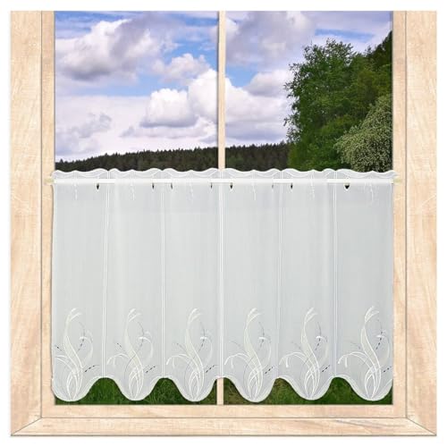 atelier alles-Spitze Stickerei-Scheibengardine Sancia |Halbtransparente Bistrogardine mit moderner Rankenstickerei in Weiß, Gelb und Dunkelgrau | Höhe x Breite: 55 x 80 cm von atelier alles-Spitze