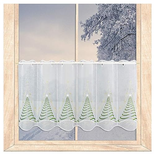 atelier alles-Spitze Moderner weißer Kurzstore Tannenduft | In Weiß-Grün-Gold bestickte halbtransparente Scheibengardine | Höhe x Breite: 45 x 112 cm von atelier alles-Spitze