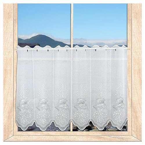 atelier alles-Spitze Scheibengardine Delfine | Maritim bestickter Scheibenhänger in weiß-Silbergrau | Bezaubernde blickdichte Badgardine | Höhe x Breite: 60 x 144 cm von atelier alles-Spitze
