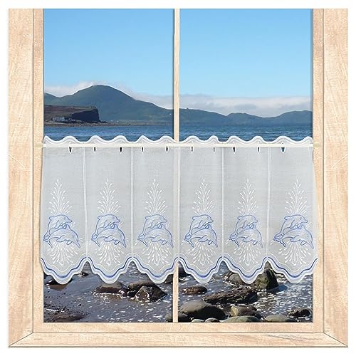 atelier alles-Spitze Scheibengardine Delfine in blau-weiß | Maritimer blickdichter Scheibenhänger | Modern bestickte Badgardine | Höhe x Breite: 40 x 80 cm von atelier alles-Spitze