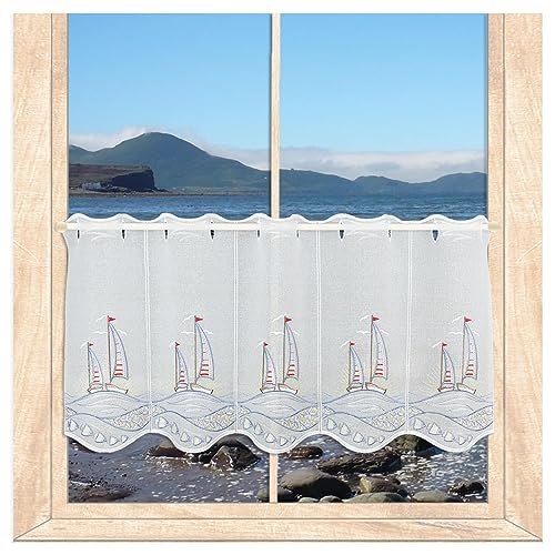 atelier alles-Spitze Maritime Scheibengardine Segelboote im Sonnenuntergang | Blickdichte Badgardine mit hochwertiger Stickerei | Höhe x Breite: 35 x 176 cm von atelier alles-Spitze