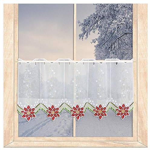 atelier alles-Spitze Weihnachts-Scheibengardine Eleganter Weihnachtsstern | Hochwertig bestickte Kurzgardine aus weißem halbtransparentem Voile | Höhe x Breite 35 x 96 cm von atelier alles-Spitze