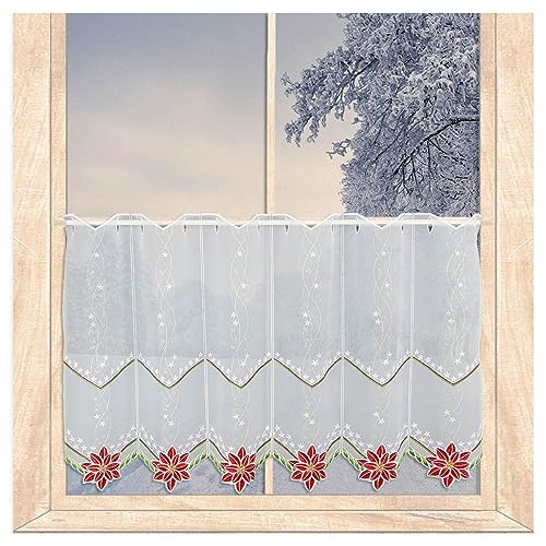 atelier alles-Spitze Weihnachts-Scheibengardine Eleganter Weihnachtsstern | Hochwertig bestickte Kurzgardine aus weißem halbtransparentem Voile | Höhe x Breite 55 x 80 cm von atelier alles-Spitze