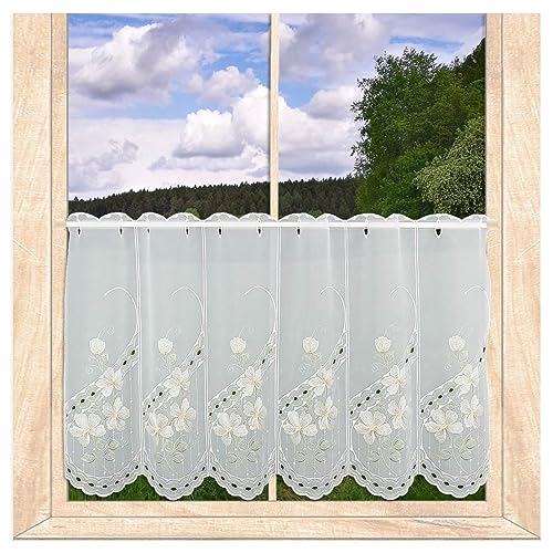 atelier alles-Spitze Hochwertige Scheibengardine Buschwindröschen | Halbtransparenter weißer Kurzstore mit Blumen-Stickerei in beige, hellgün und gelb | Höhe x Breite: 55 x 112 cm von atelier alles-Spitze