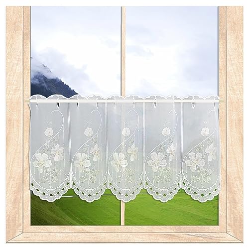 atelier alles-Spitze Hochwertige Scheibengardine Buschwindröschen | Halbtransparenter weißer Kurzstore mit Blumen-Stickerei in beige, hellgün und gelb | Höhe x Breite: 35 x 176 cm von atelier alles-Spitze