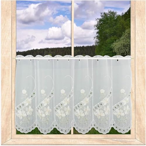 atelier alles-Spitze Hochwertige Scheibengardine Buschwindröschen | Halbtransparenter weißer Kurzstore mit Blumen-Stickerei in beige, hellgün und gelb | Höhe x Breite: 55 x 208 cm von atelier alles-Spitze