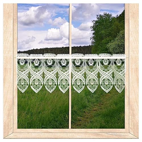 atelier alles-Spitze Ansprechende Spitzen-Scheibengardine Bella in weiß | Kleiner Kurzstore aus Vogtländischer Luftspitzen-Stickerei mit Fantasiemuster | Höhe x Breite: 20 x 96 cm von atelier alles-Spitze