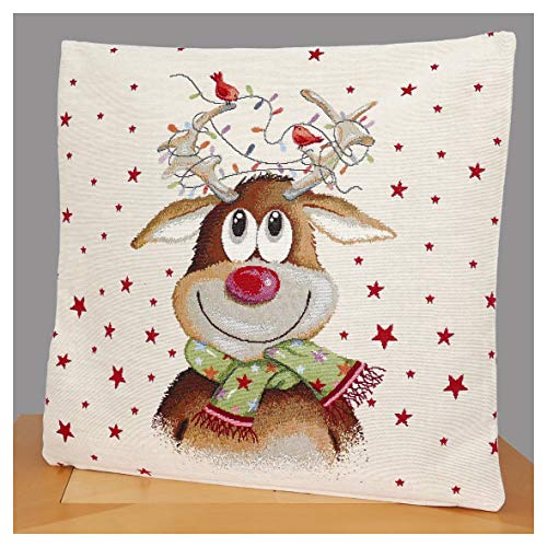 atelier alles-Spitze Festliche Gobelin-Kissenhülle Rentier mit Lichterkette | Langlebiges Dekokissen mit beidseitigem Motiv und verdecktem Reißverschluss | Größe: 45 x 45 cm von atelier alles-Spitze