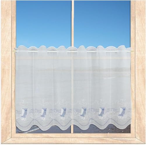 atelier alles-Spitze Scheibengardine Am Meer | Maritim in blau-weiß bestickte Kurzgardine | Ideal als Badgardine geeignet| Höhe x Breite: 55 x 208 cm von atelier alles-Spitze