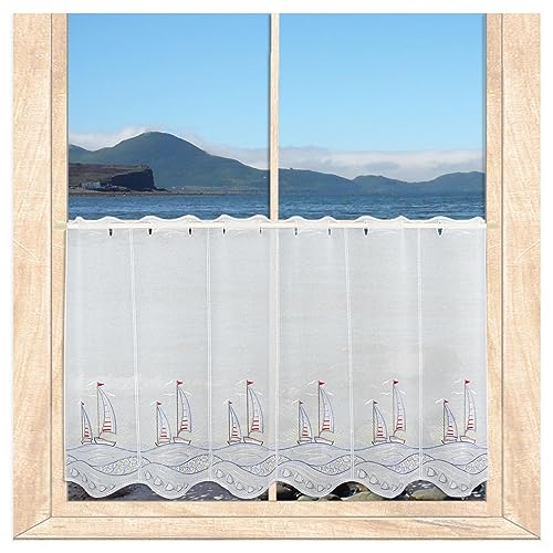 atelier alles-Spitze Maritime Scheibengardine Segelboote im Sonnenuntergang | Blickdichte Badgardine mit hochwertiger Stickerei | Höhe x Breite: 55 x 112 cm von atelier alles-Spitze